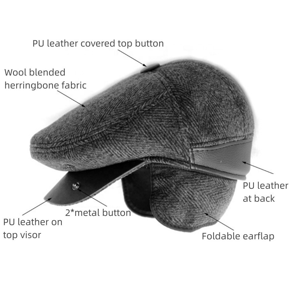 Wholesales Winter Hats of Woolen Blend Ivy Caps for Old Man Dad Newsboy Hat with Earflap Windproof Drivers Hat Beret Cabbie