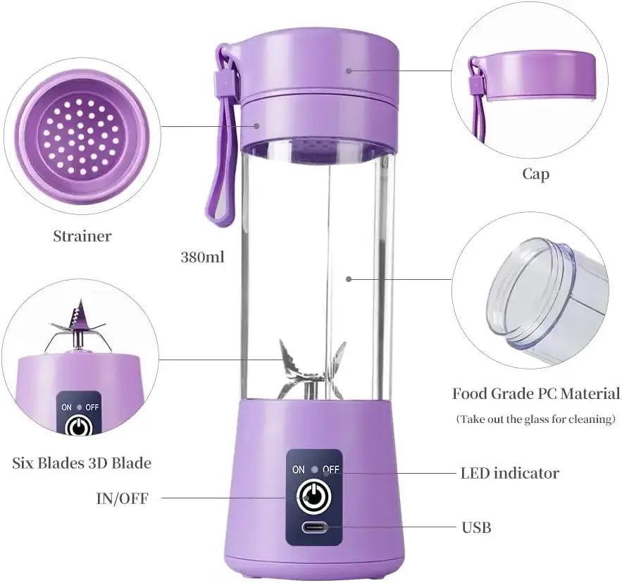 Electric Mini Bottle Blender Home Usb 6 Blades Fruit Juicer Cup Machine Rechargeable Wireless Portable Blenders