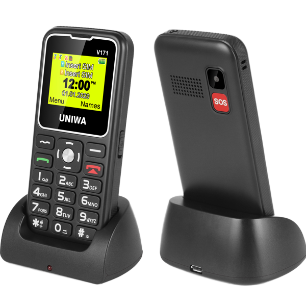 V171 Charging Dock Dual SIM Flashlight SOS Big Button CellPhone for Seniors Feature Phone