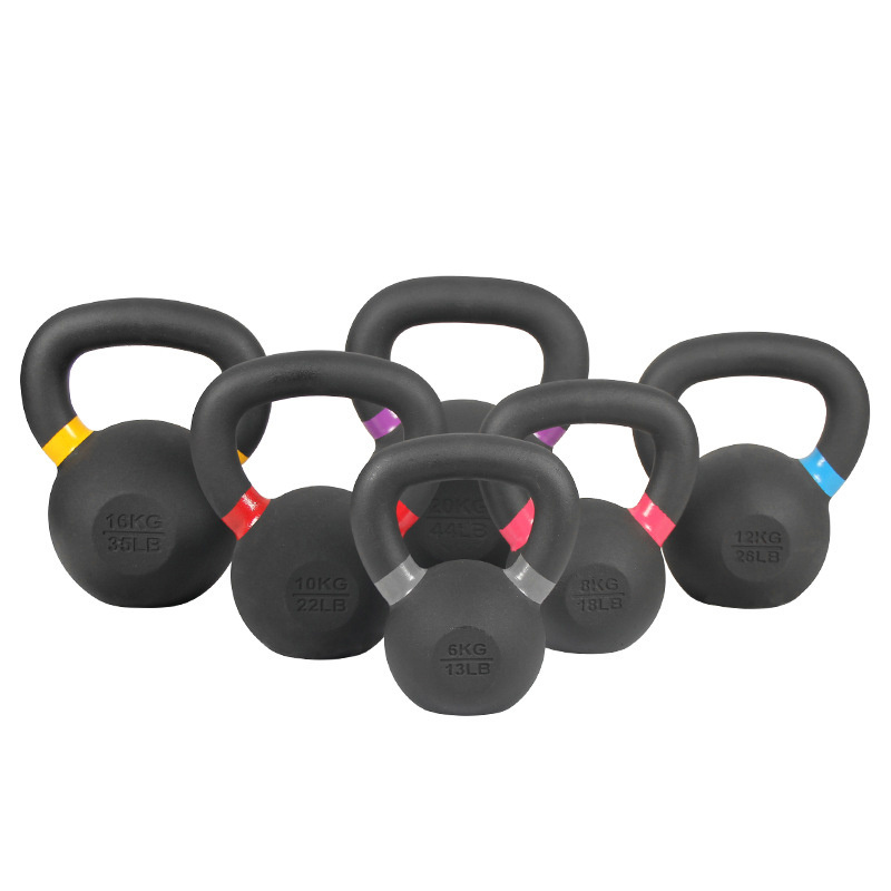 Color-coded Rings Cast Iron Powder Coated Fitness Kettlebell With Wide Handles & Flat Bottoms