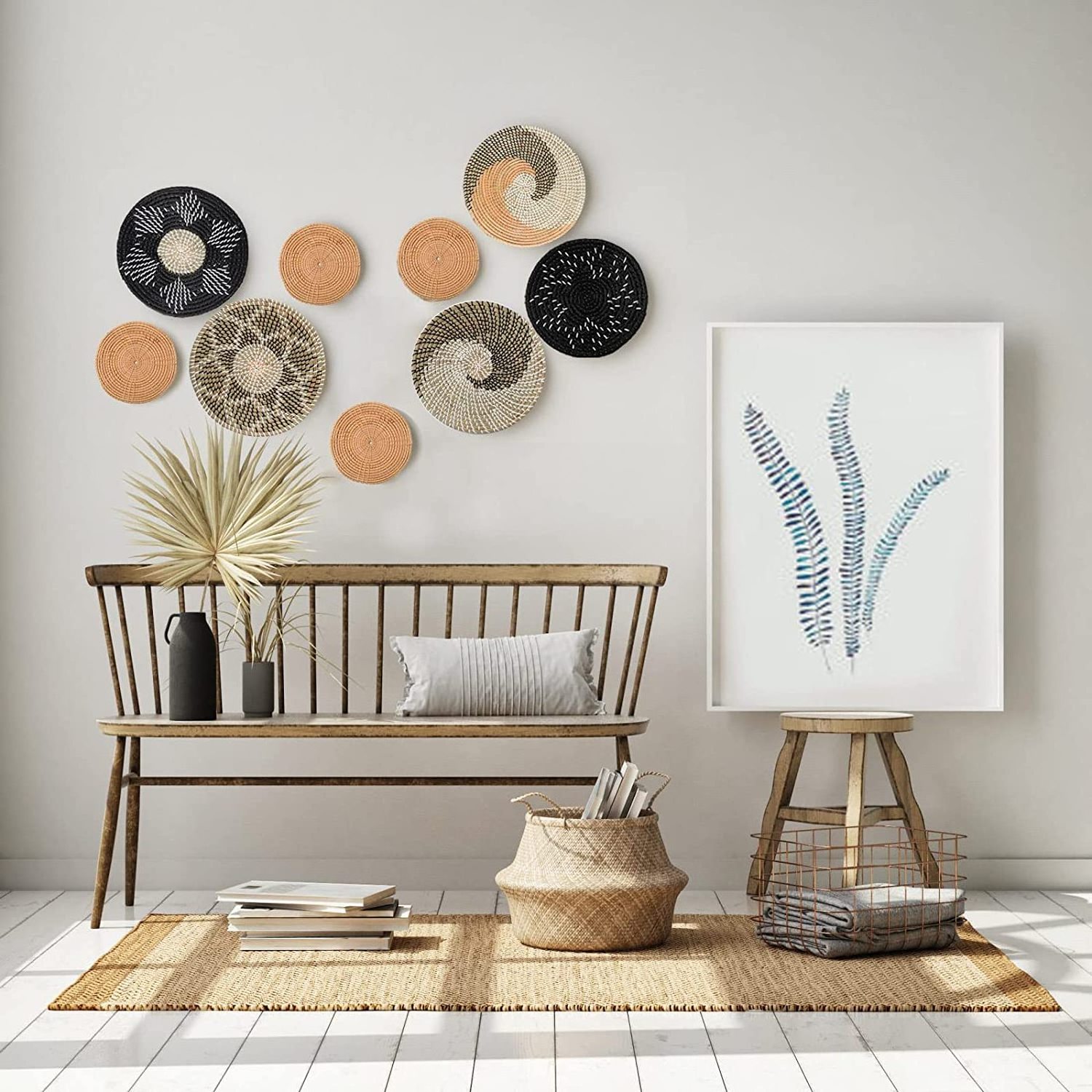 The wind wall art Wall basket decorated with natural rattan and seaweed Woven basket wall