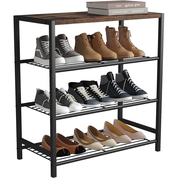 Shoe Storage Organizer with Wood Top, Sturdy Metal Shoe Tower with 3 Metal Mesh Shelves for Entryway Closets Hallway Garage