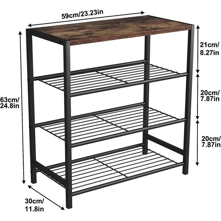 Shoe Storage Organizer with Wood Top, Sturdy Metal Shoe Tower with 3 Metal Mesh Shelves for Entryway Closets Hallway Garage