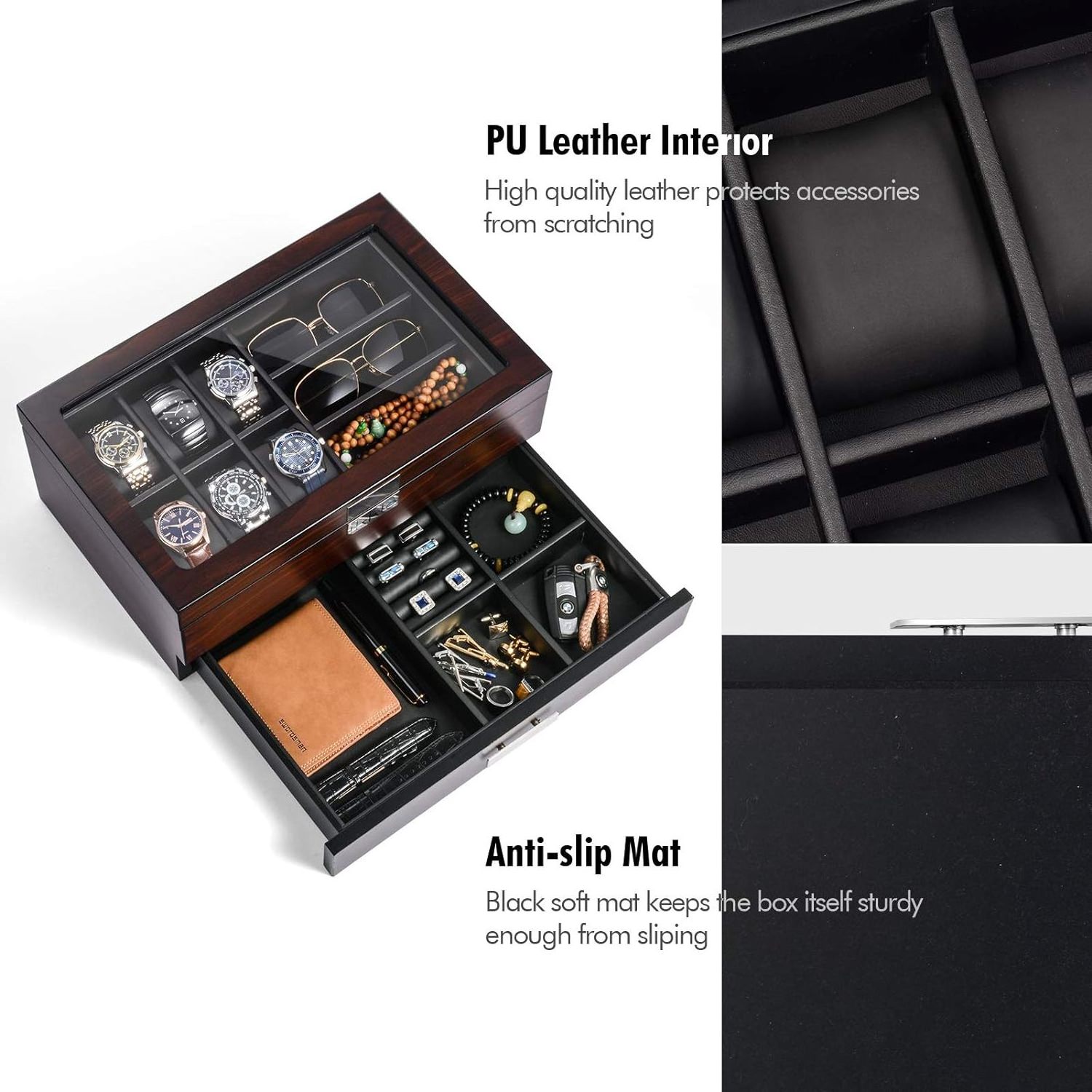 Watch Box Organizer for Men Multipurpose Jewelry Organizer for Sunglasses, Rings, Bracelet,