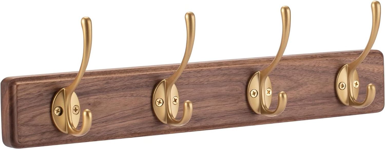 Coat Rack Wall Mounted Wooden Hat Rack and Coat Hanger Wall Coat Rack with 4 Gold Hooks for Entryway Bathroom Bedroom Walnut