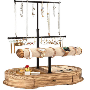 Jewelry Organizer Tree Stand Wood Basic Jewelry Drawer  Storage Box with Double Rods & 3 Tier Jewelry Holder Bracelet  Organizer