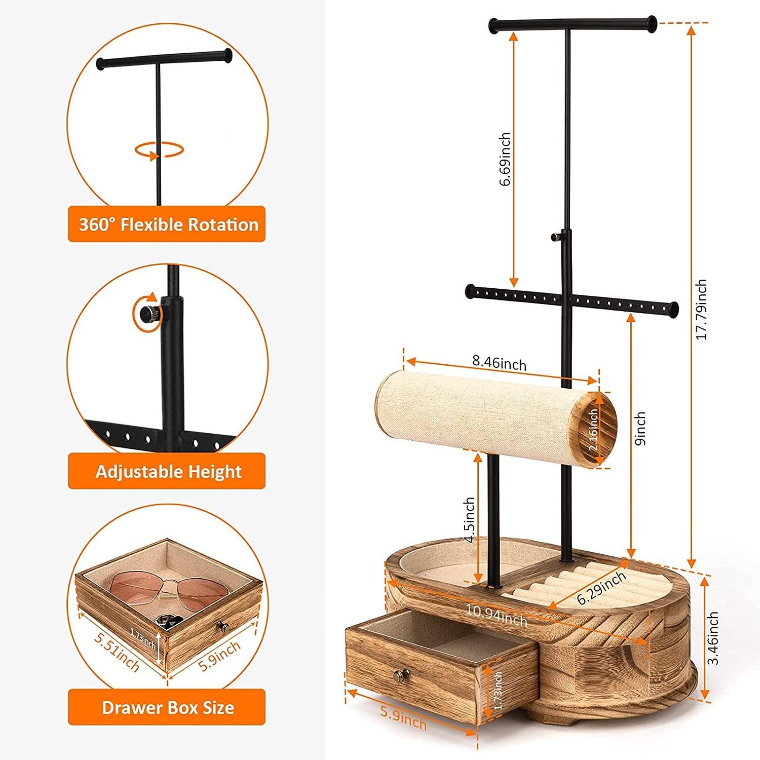 Jewelry Organizer Tree Stand Wood Basic Jewelry Drawer  Storage Box with Double Rods & 3 Tier Jewelry Holder Bracelet  Organizer