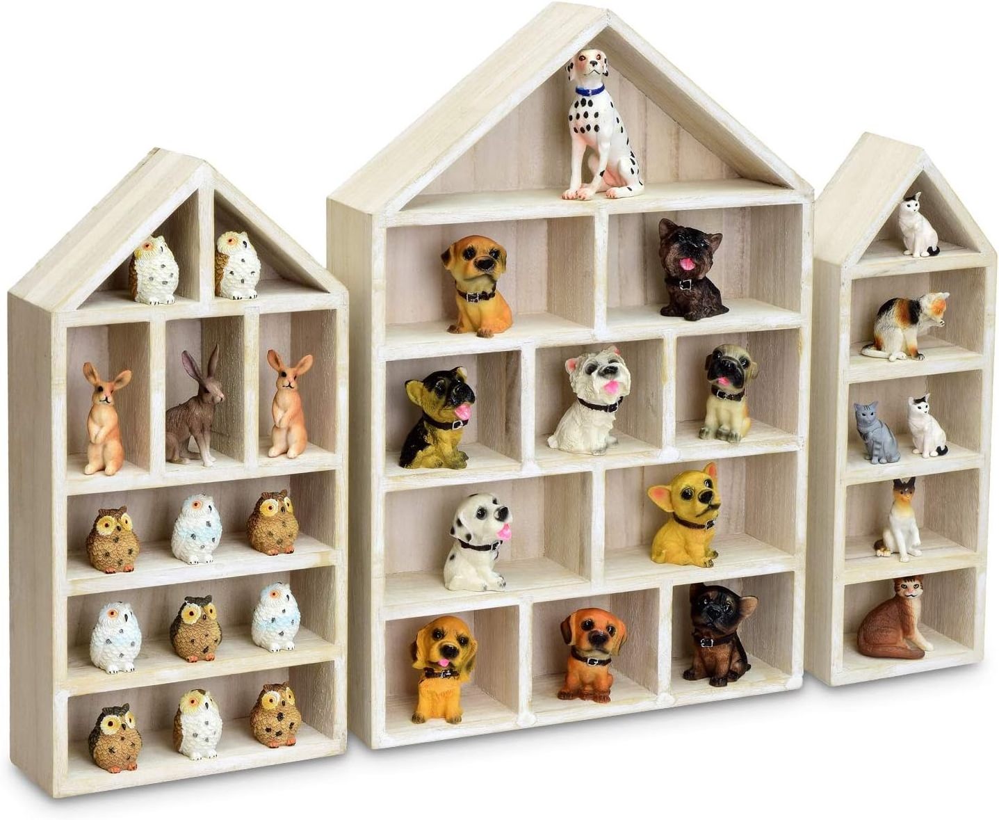 House-Shaped Wooden Shadow Cubby Box Display Shelf Organizer Storage Shadow Box for Mini Figures, Set of 3, Wash White Color