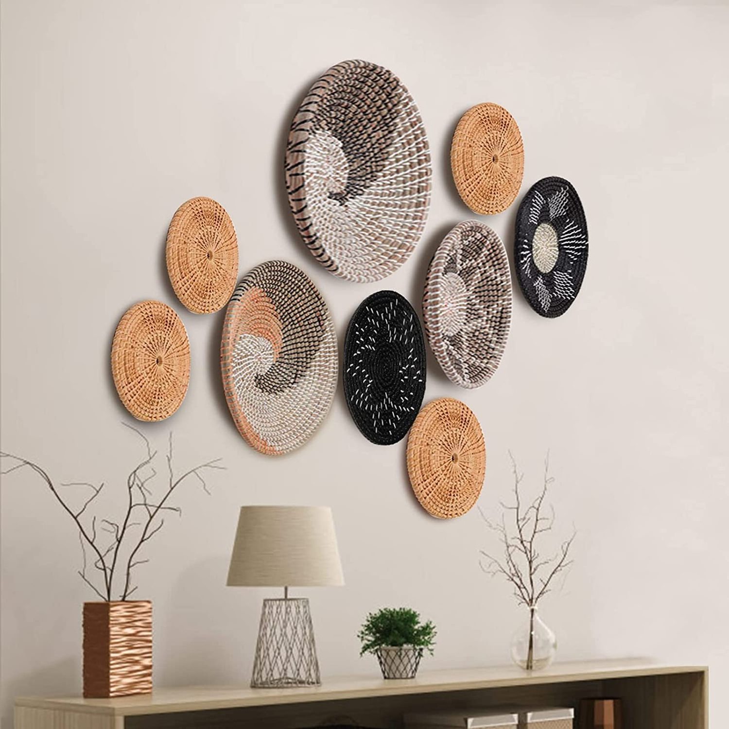 The wind wall art Wall basket decorated with natural rattan and seaweed Woven basket wall