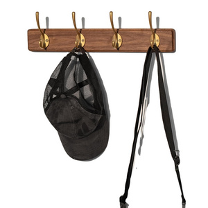 Coat Rack Wall Mounted Wooden Hat Rack and Coat Hanger Wall Coat Rack with 4 Gold Hooks for Entryway Bathroom Bedroom Walnut