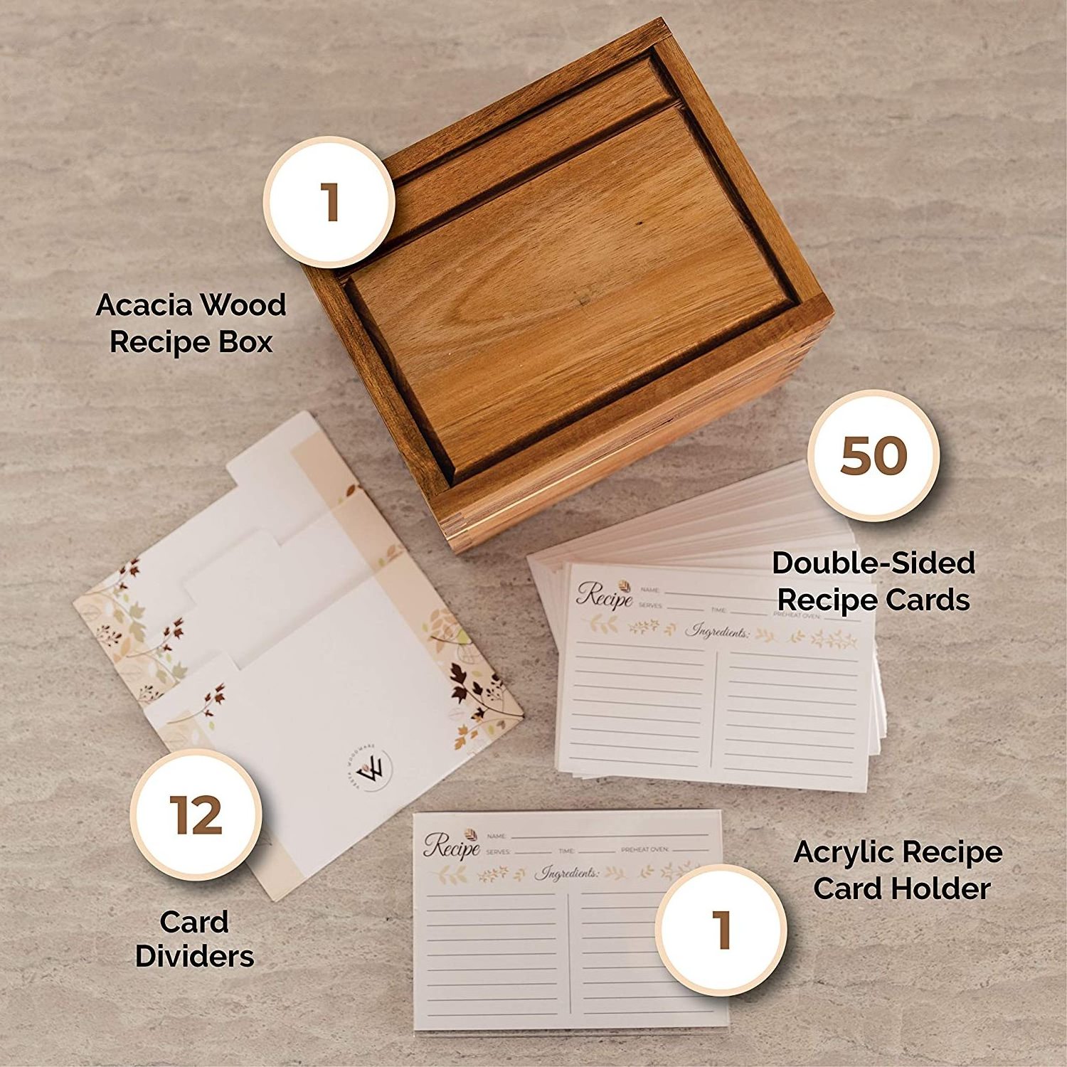 Recipe Box with Cards and Dividers 4x6 - Wooden Recipe card box set Large recipe box