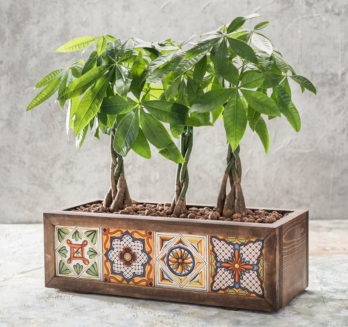 Hot sale Wooden Planter Flower Pot with Mexican Tile Indoor and Outdoor Flower Box Home and Garden Decoration