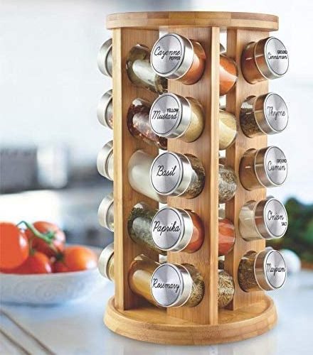 Bamboo 20 Jar Spice Rack Tower Organizer for Kitchen Spices and Seasonings Rotating seasoning rack