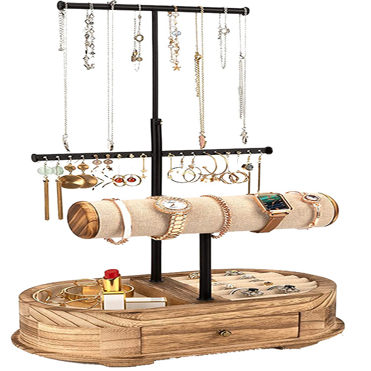 Jewelry Organizer Tree Stand Wood Basic Jewelry Drawer  Storage Box with Double Rods & 3 Tier Jewelry Holder Bracelet  Organizer