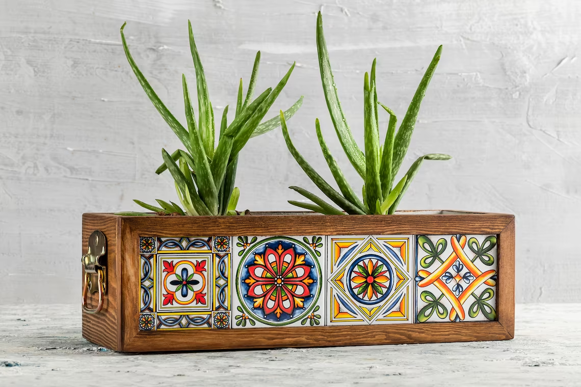 Hot sale Wooden Planter Flower Pot with Mexican Tile Indoor and Outdoor Flower Box Home and Garden Decoration