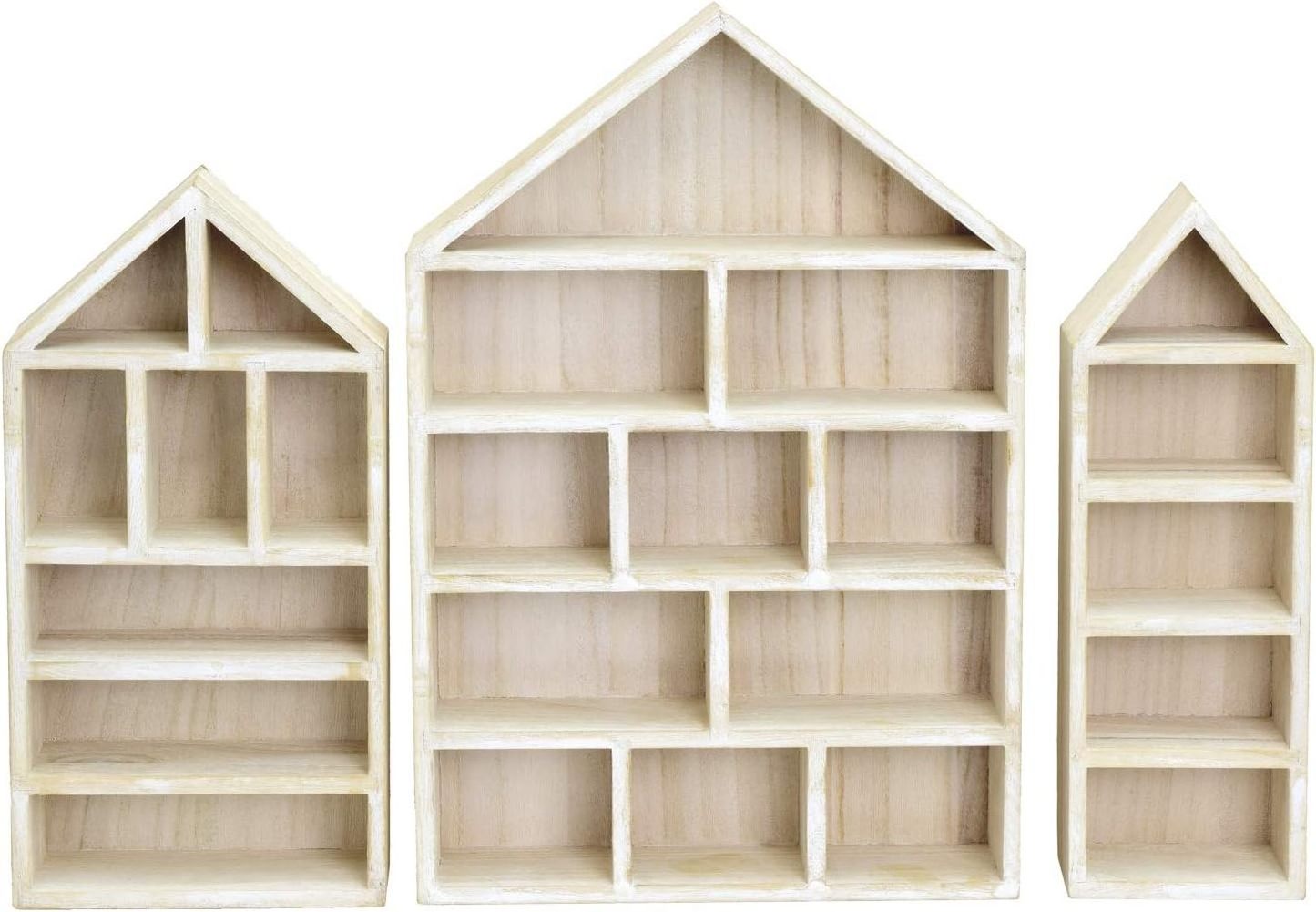 House-Shaped Wooden Shadow Cubby Box Display Shelf Organizer Storage Shadow Box for Mini Figures, Set of 3, Wash White Color