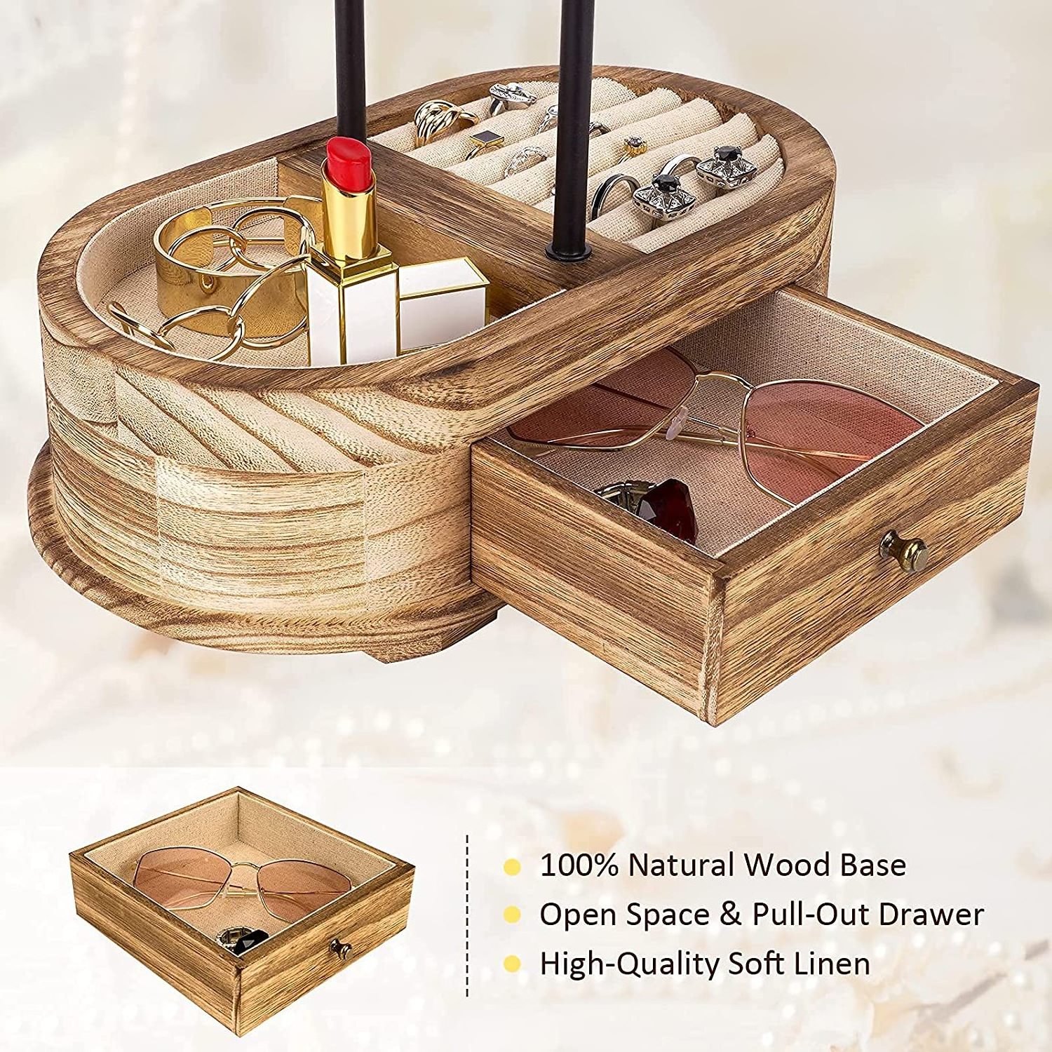 Jewelry Organizer Tree Stand Wood Basic Jewelry Drawer  Storage Box with Double Rods & 3 Tier Jewelry Holder Bracelet  Organizer