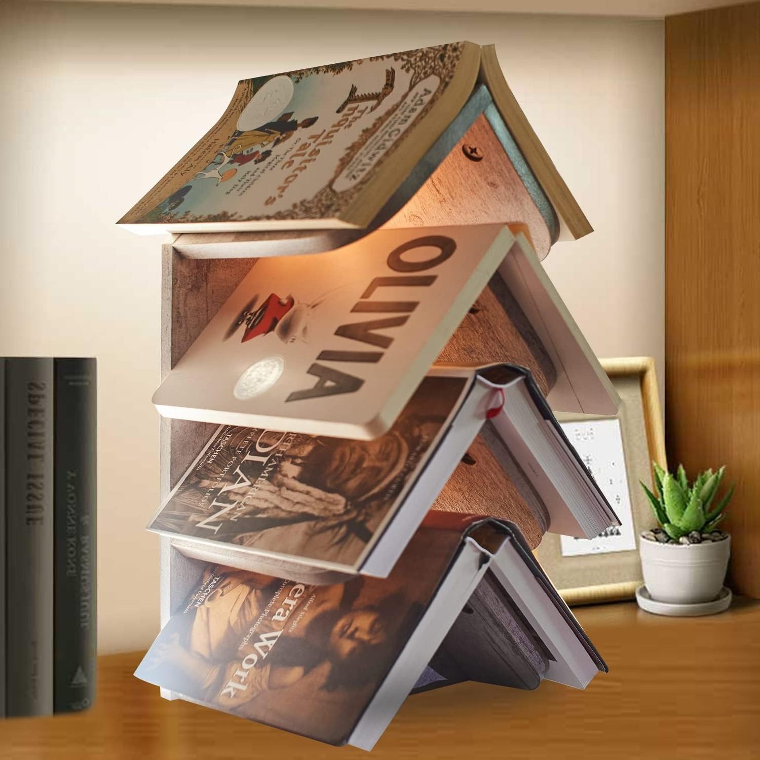 Tree Bookshelf with Lights  Desktop Wooden Book Stand  Small Bookcase for Bedroom Office 4-Shelf Modern Book Holder