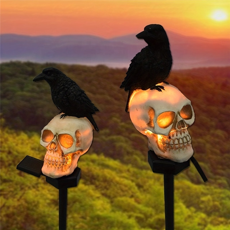 Halloween Decoration Skull Solar Lamp Outdoor Horror Skeleton Crow Skull Decorative Atmosphere Lighting Holiday Garden Yard Home