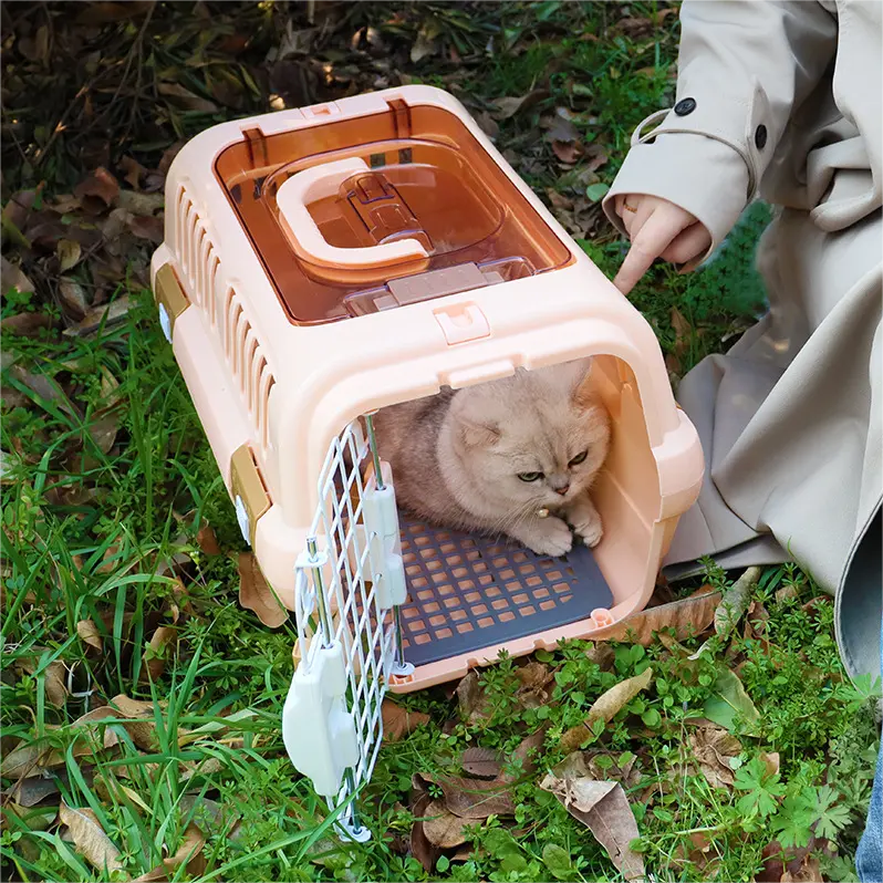 Portable Top Skylight Design Steel Wire Opening Cat Dog Carrier Cage Plastic Pet Carrier Travel Aviation Pet Air Box