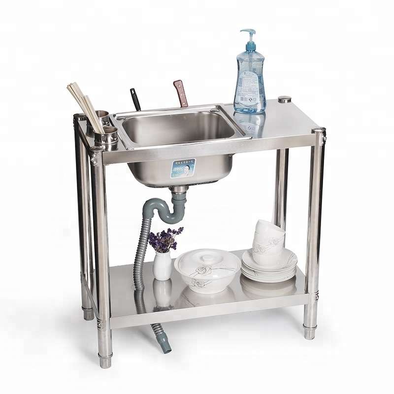 Kitchen sink stainless steel single-slot sink with floor stand chopsticks cage knife holder