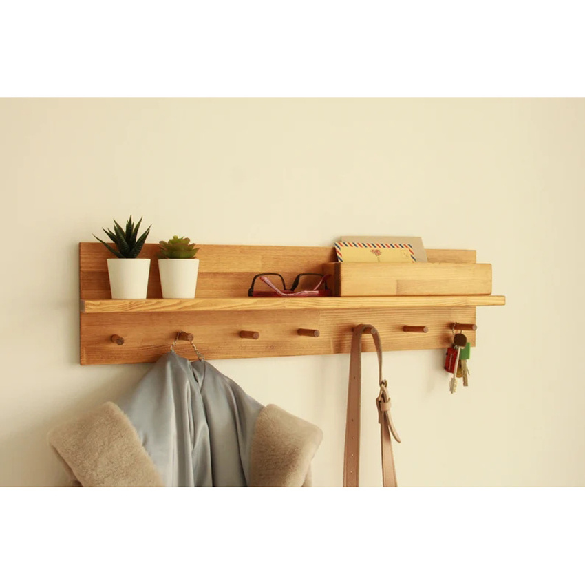 Bamboo Wall Mounted Hanging Entryway Shelf Wood Coat Hooks Shelf For Wall