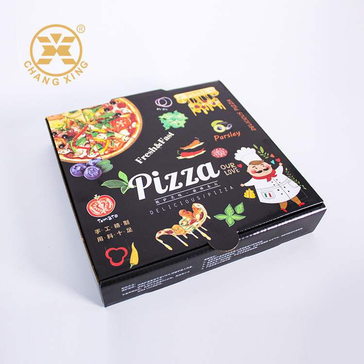 Custom 10 Inch Printed Pizza Foldable Carton Box Black Yellow Pizza Packaging Box For 12 14 Inch