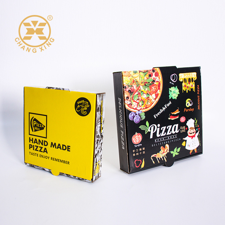 Custom 10 Inch Printed Pizza Foldable Carton Box Black Yellow Pizza Packaging Box For 12 14 Inch