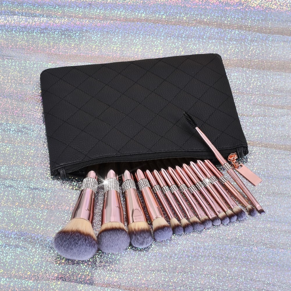 Hot sell private label rose gold makeup brushes set 14pcs rhinestone soft bristle makeup brush with packing bag