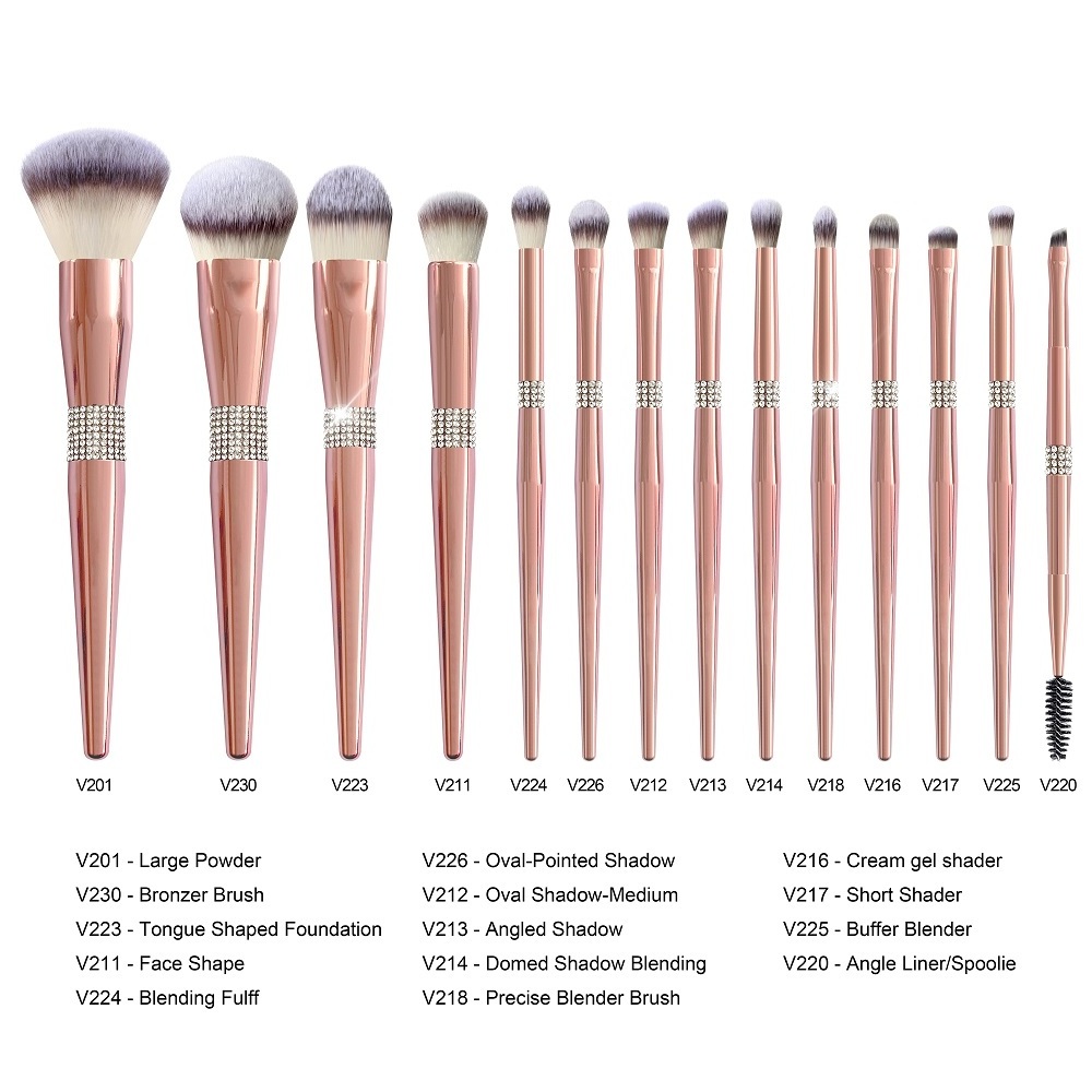 Hot sell private label rose gold makeup brushes set 14pcs rhinestone soft bristle makeup brush with packing bag