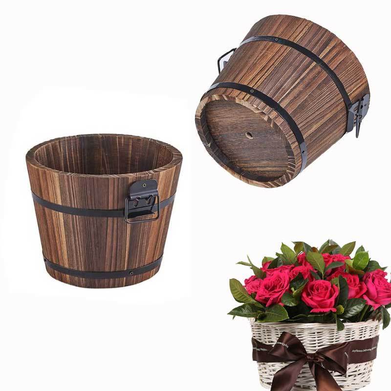 Wooden Planter Buckets Flower Planting Barrel Rustic Patio Planters Flower Pots Cedar Wood Natural for Plants Garden Outdoor