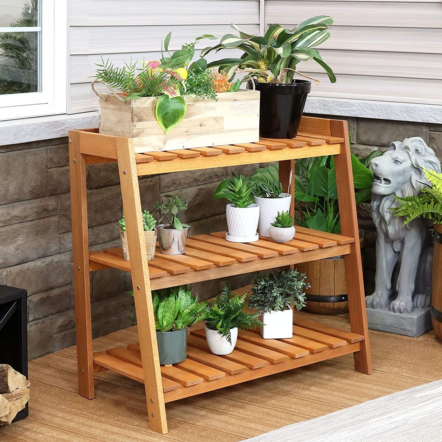 Wood garden stand Modern decoration with teak oil  3 level wooden standing plant stand