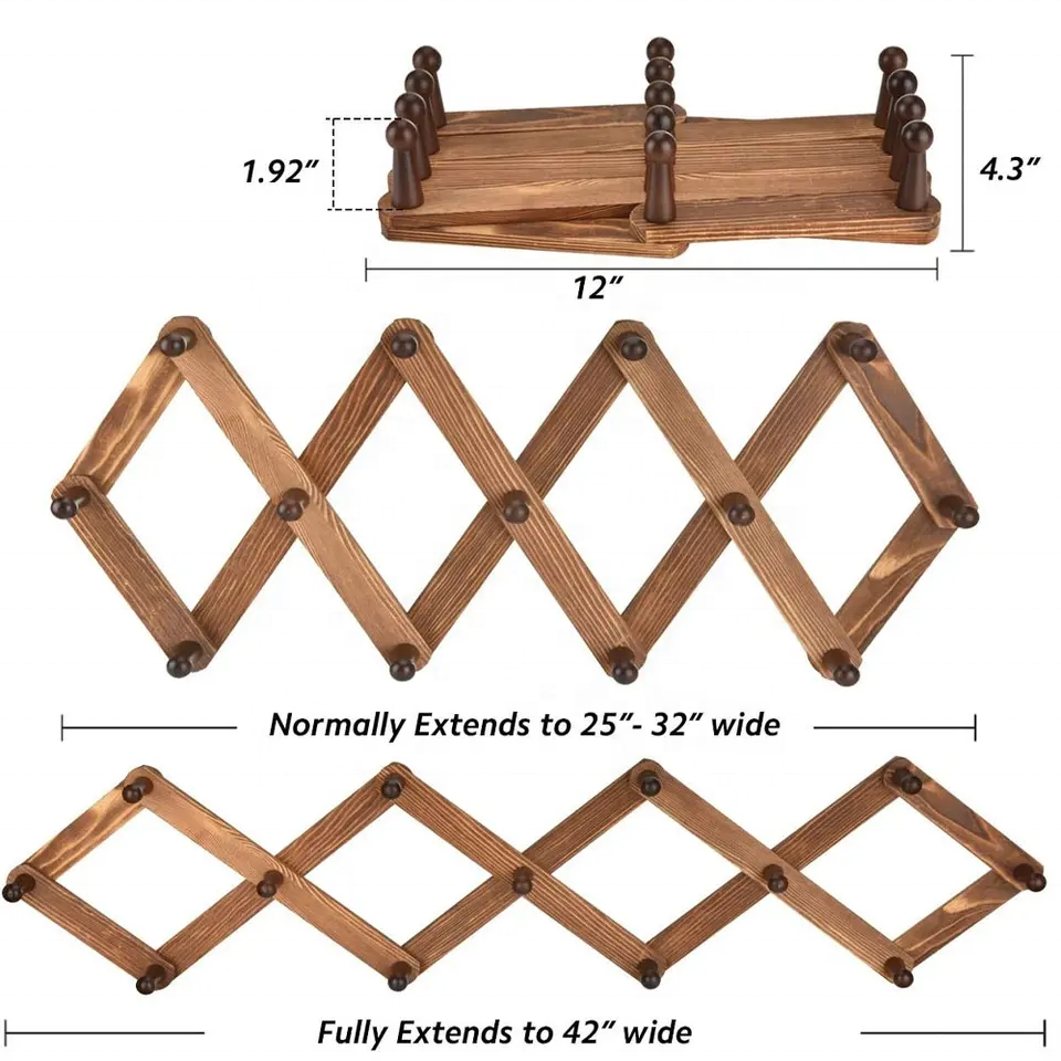 Caoxian Huashen Expandable Coat Rack Hanger wooden coat rack wall mounted  wood peg rack hooks  wooden coat hangers