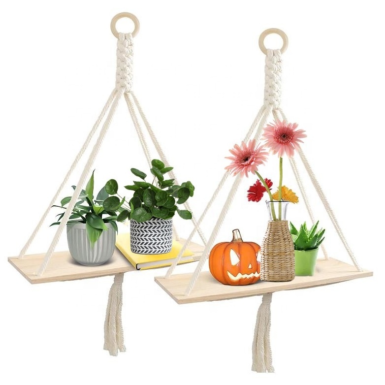 Farmhouse 2 Pack Wood Shelves Plant Hangers for Wall Window Boho Shelves Wall Hanging Decor Macrame Shelf for Living Room