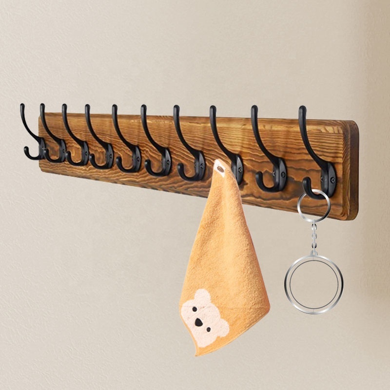 Hot selling wall-mounted multi-function multi-hook storage daily necessities wooden home wall rack.