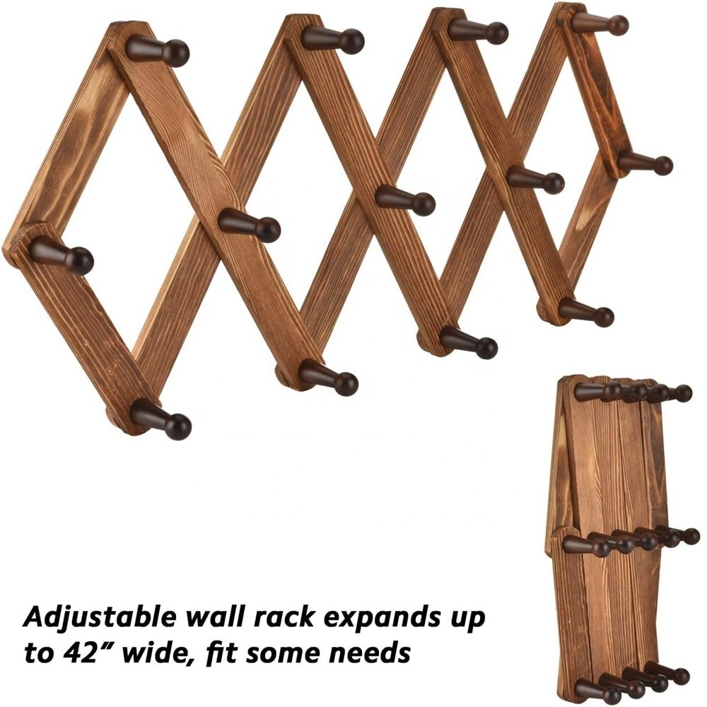 Wood Expandable Peg Rack Multi Purpose Accordion Wall Hangers Wood Storage Wall Rack