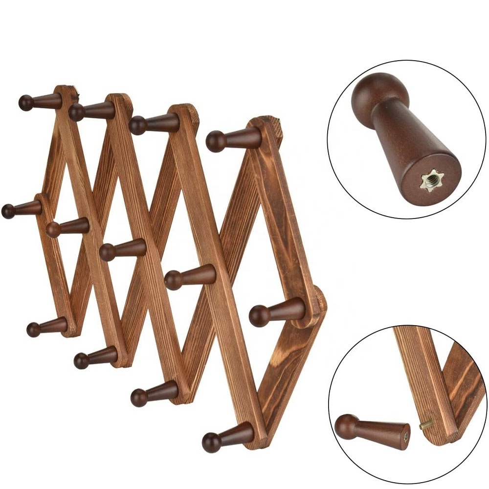 Wood Expandable Peg Rack Multi Purpose Accordion Wall Hangers Wood Storage Wall Rack