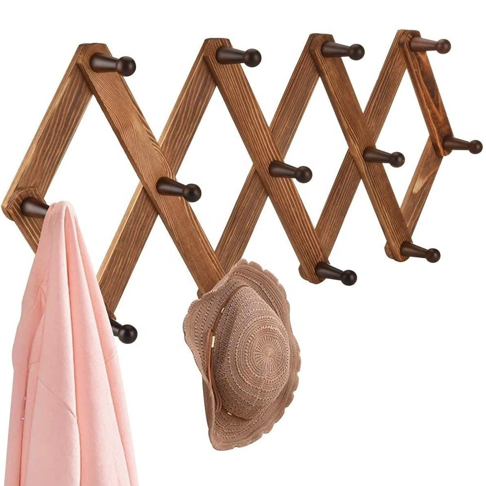 Wood Expandable Peg Rack Multi Purpose Accordion Wall Hangers Wood Storage Wall Rack