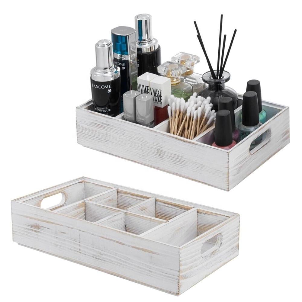 Set of 2 white solid wood vanity storage organizer box  countertop caddy trays Desk organizer box under desk drawer organizer