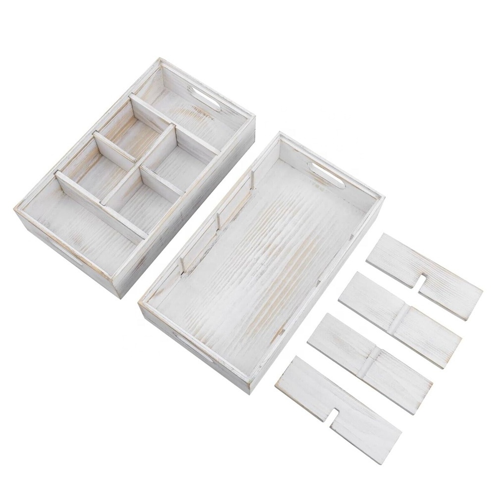 Set of 2 white solid wood vanity storage organizer box  countertop caddy trays Desk organizer box under desk drawer organizer