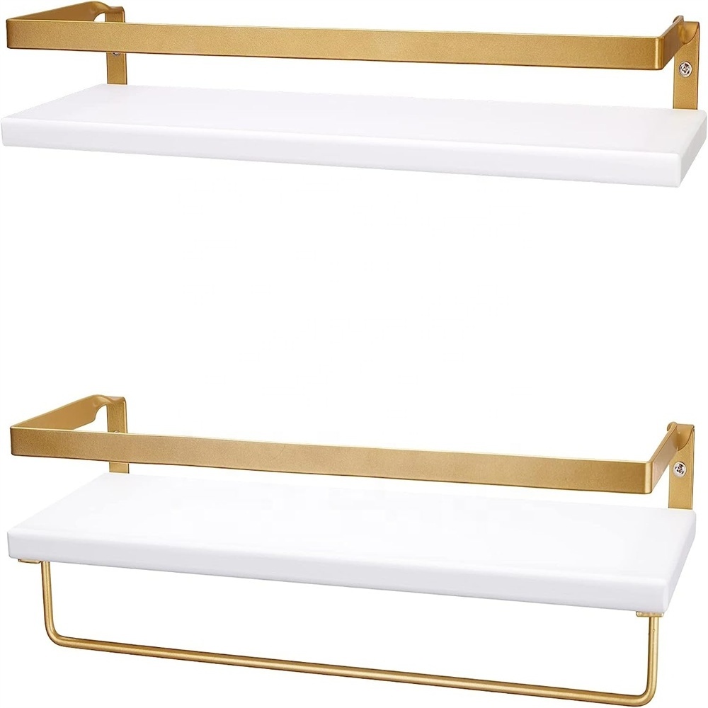 Set of 2 white  wall mounted shelves Bathroom Wall Shelves with Towel Bar for Bedroom Decor and Kitchen Storage