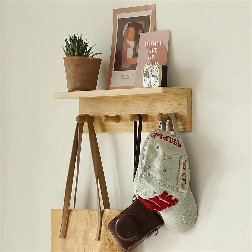 4 hooks of coat rack  wall-mounted wooden hook rack shelves are  suitable for entrance mud room bathroom and living room