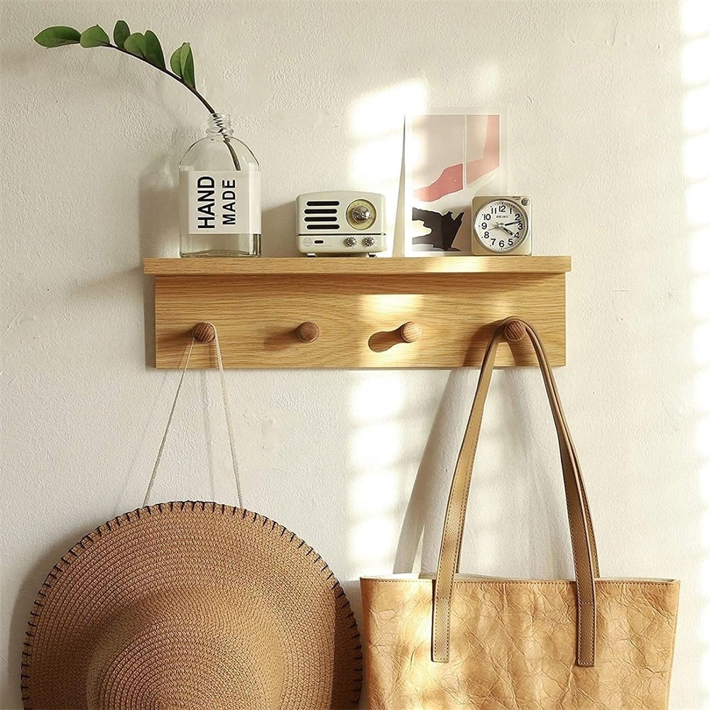 4 hooks of coat rack  wall-mounted wooden hook rack shelves are  suitable for entrance mud room bathroom and living room