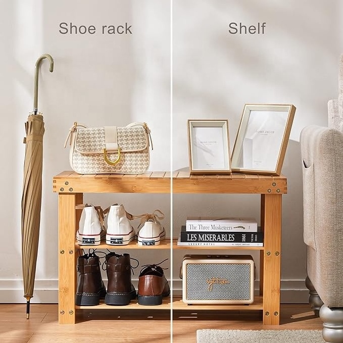 3 Tier Bamboo Shoe Rack Bench - Sturdy Organizer for Entryway, Bedroom, Living Room, Balcony