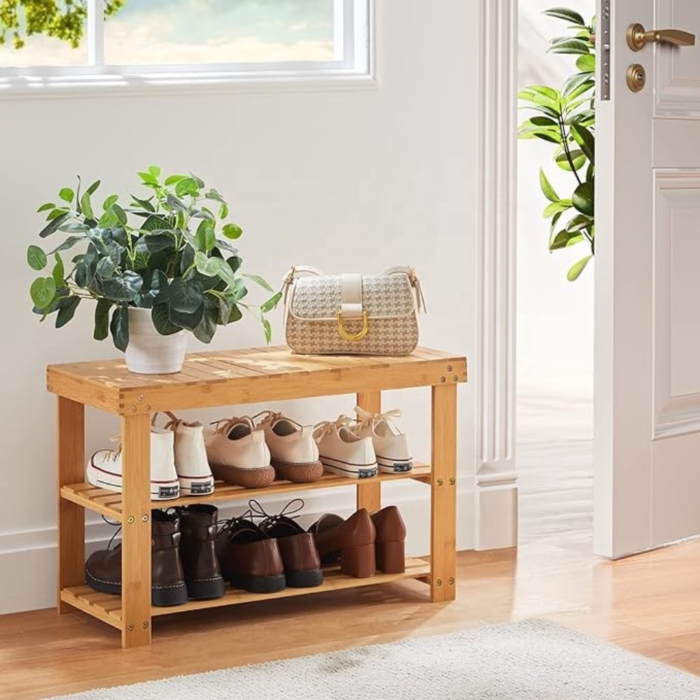 3 Tier Bamboo Shoe Rack Bench - Sturdy Organizer for Entryway, Bedroom, Living Room, Balcony