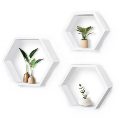 White Hexagon Floating Shelves Set of 3, Wood Hanging Organizer Shelves for Wall Decor