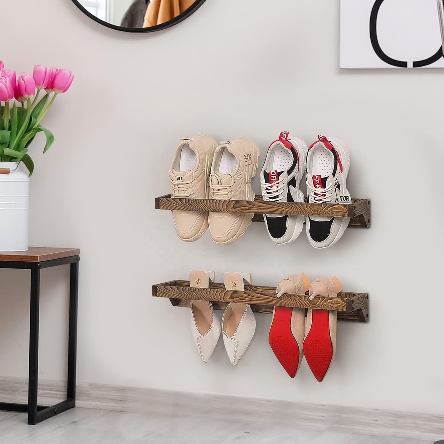 Set of 2 Solid Wooden Wall Mounted Shoe Rack Storage Organize