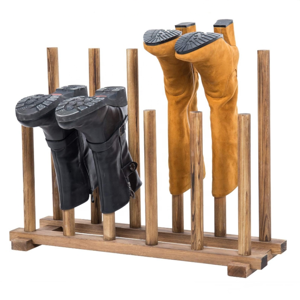 Solid Wood Freestanding Boot Rack Shoe Storage Stand with 12 Tall Posts