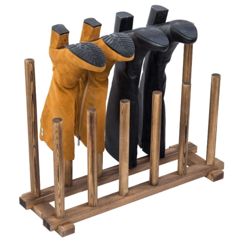 Solid Wood Freestanding Boot Rack Shoe Storage Stand with 12 Tall Posts