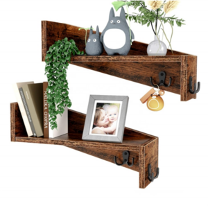 Set of 2 Floating Shelves,Rustic Wood Wall Shelf with Coat Hooks for Home Decor Storage